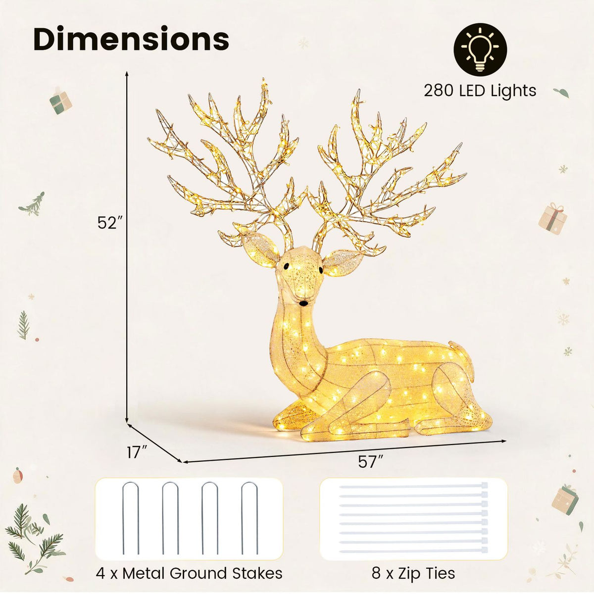 A glowing kneeling reindeer with wide antlers, shown with measurement arrows and small stake and tie illustrations.