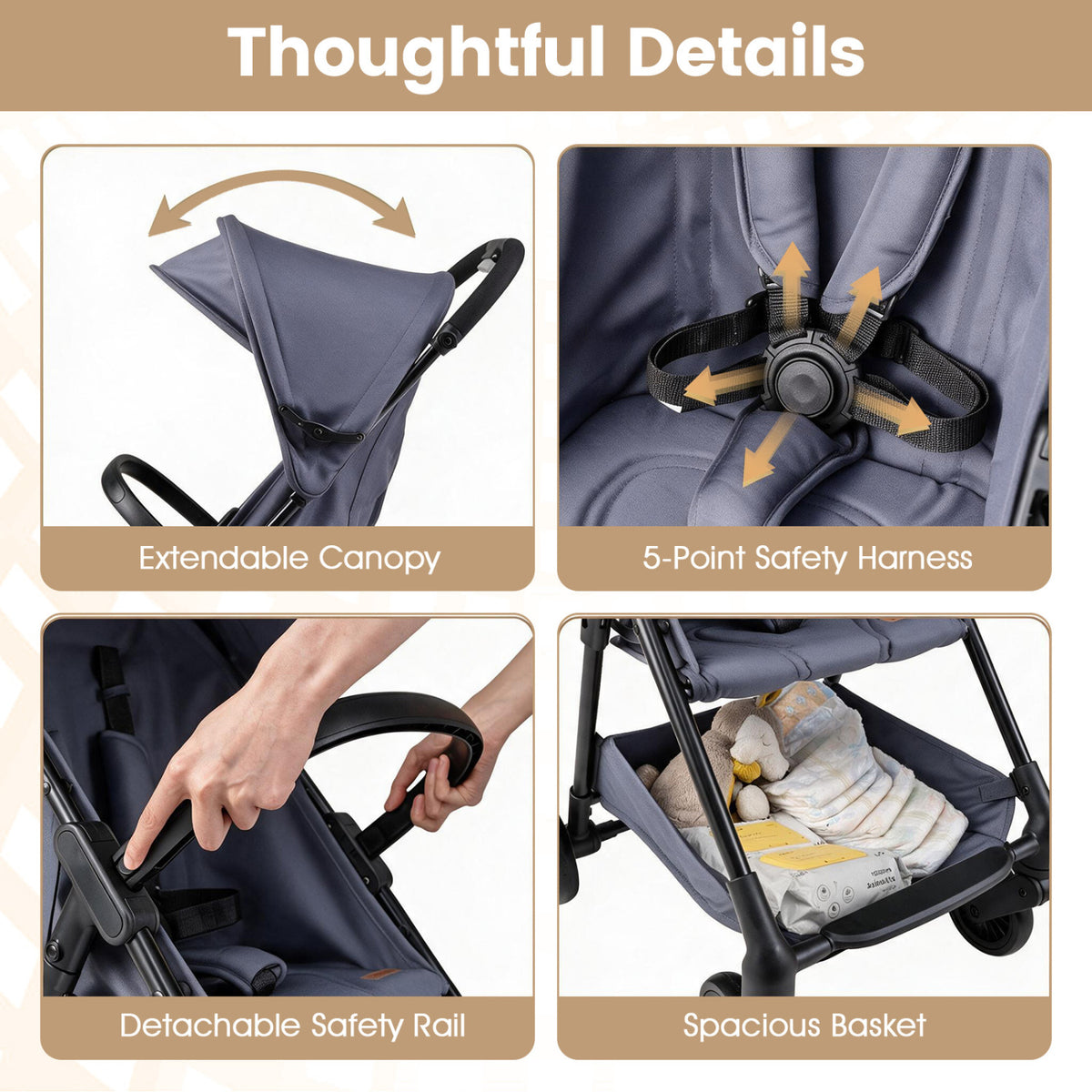 Lightweight Travel Stroller with Canopy and Under-Seat Basket for Baby and Toddler