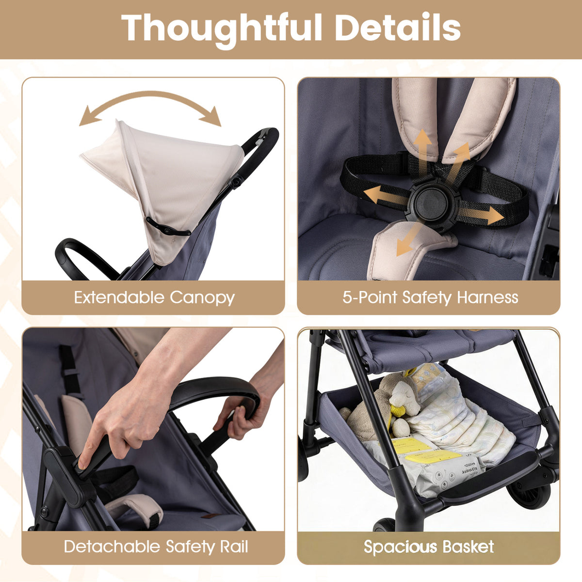 Lightweight Travel Stroller with Canopy and Under-Seat Basket for Baby and Toddler
