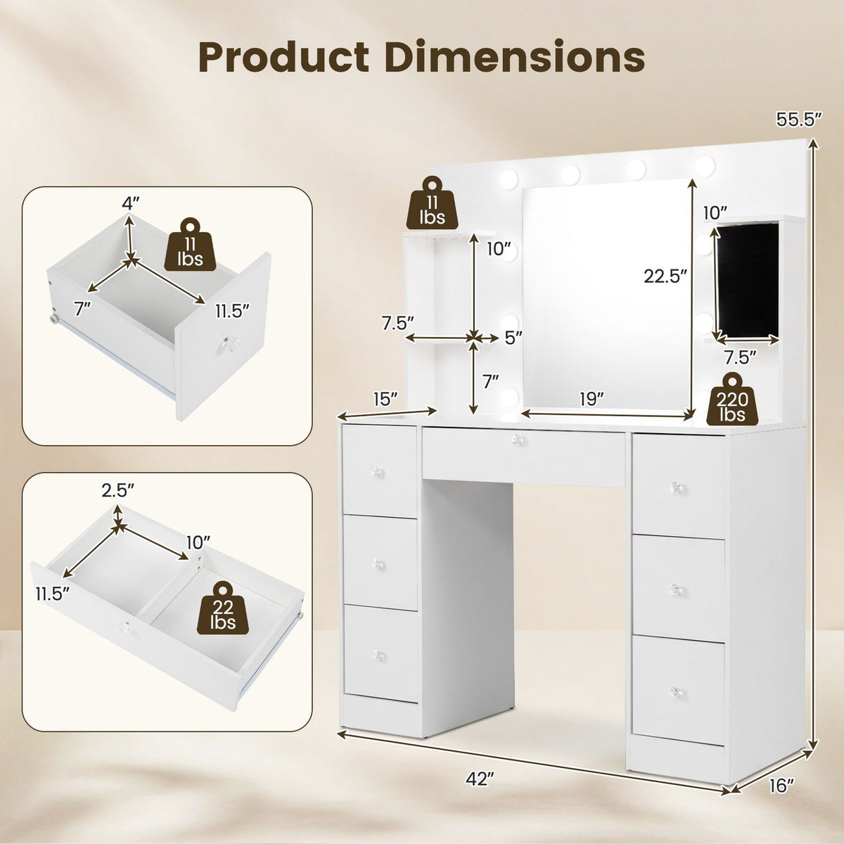White vanity shown with measurement arrows and two inset drawer diagrams.