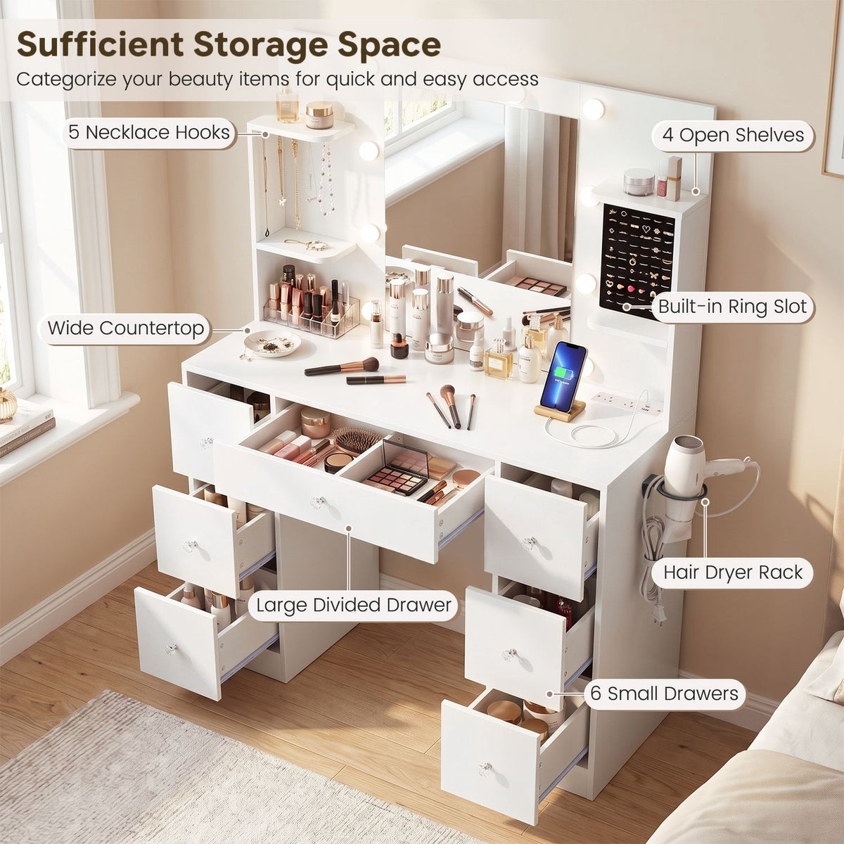 White vanity with drawers open, displaying beauty products, countertop organizers, and shelves.