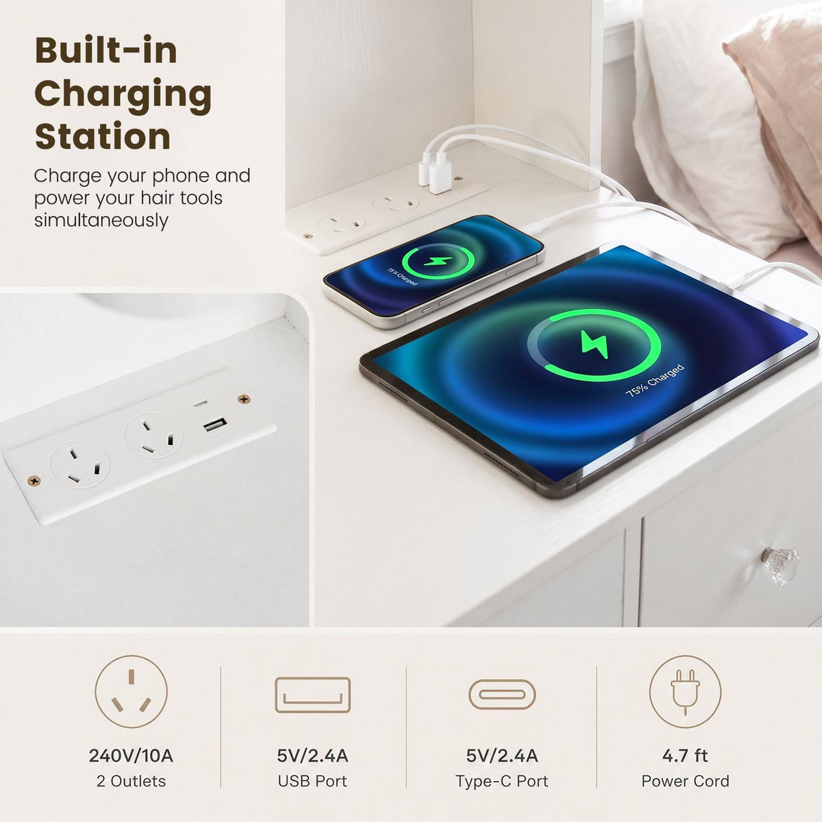 Two phones rest on the vanity countertop beside a recessed power panel and connected charging cables.