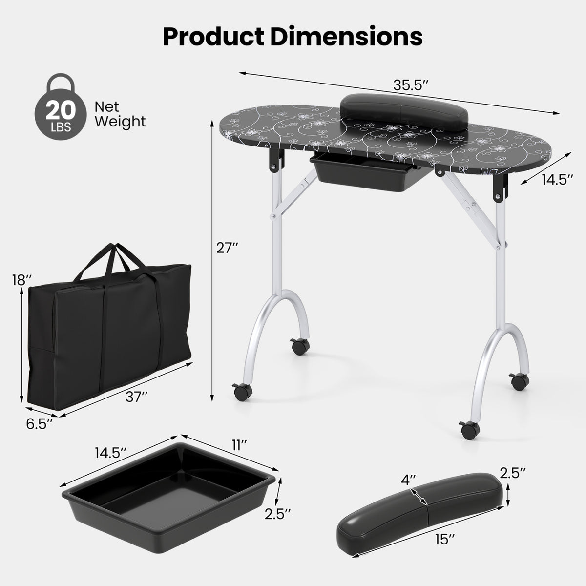 Foldable Portable Manicure Table with Drawer Casters and Cushion