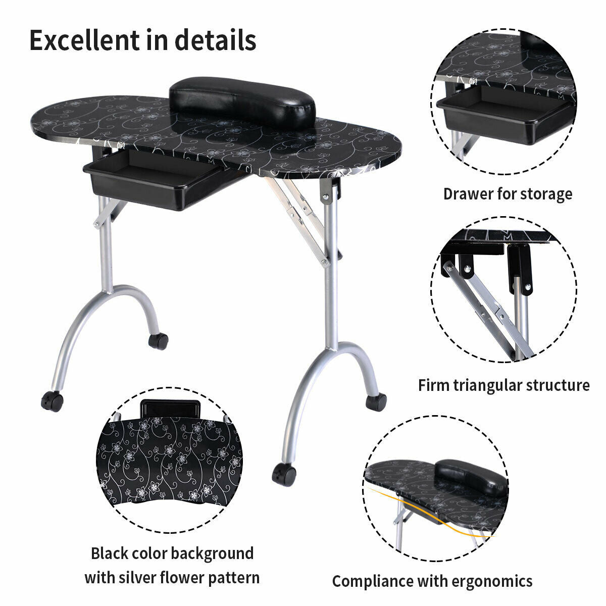 Foldable Portable Manicure Table with Drawer Casters and Cushion
