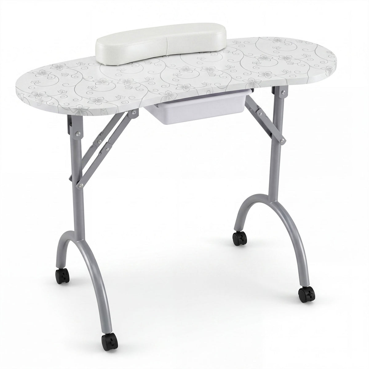 Foldable Portable Manicure Table with Drawer Casters and Cushion