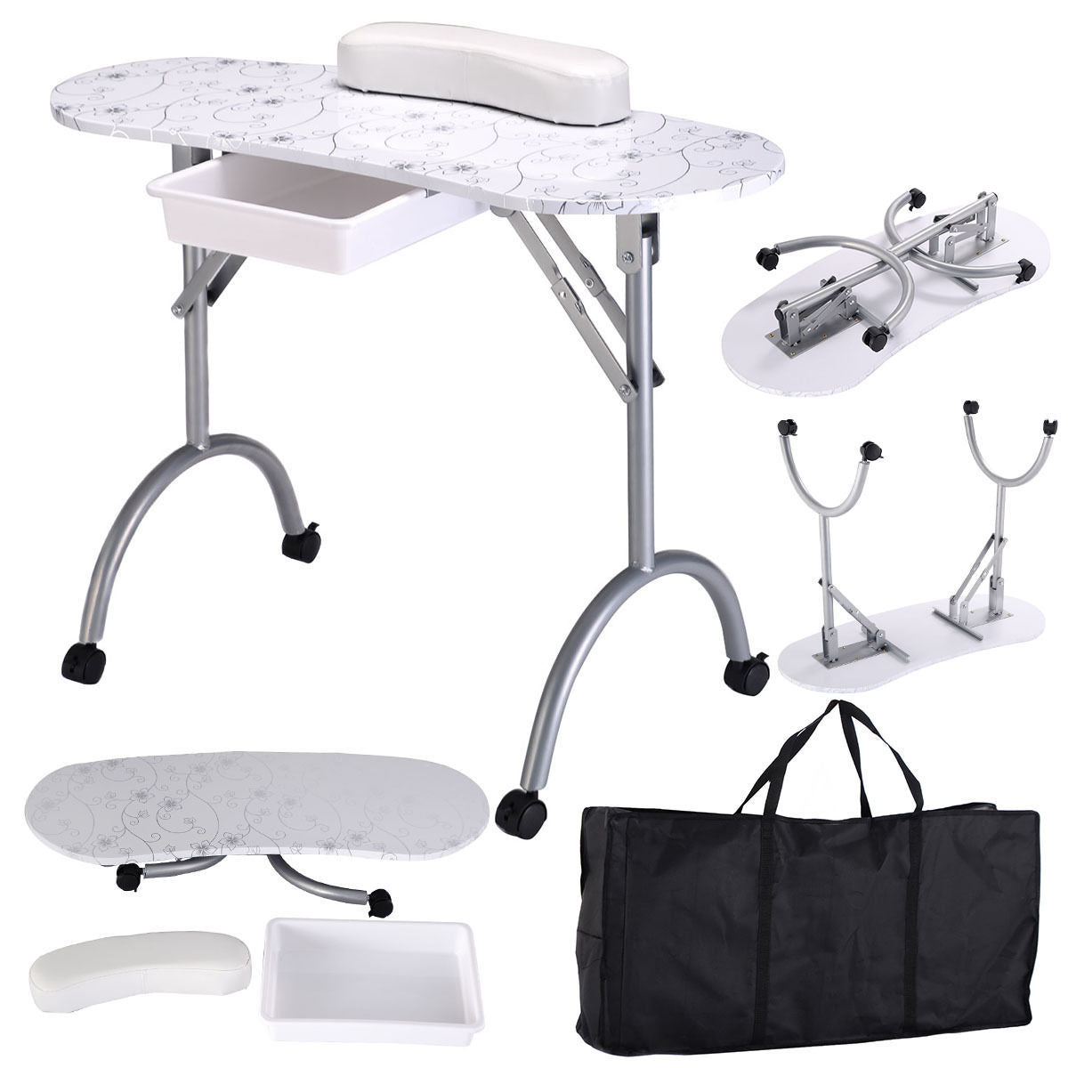 Foldable Portable Manicure Table with Drawer Casters and Cushion