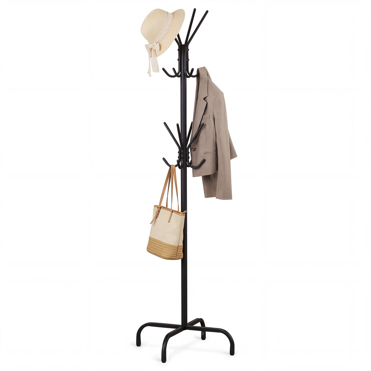 Metal Coat Rack Freestanding with 16 Hooks and 4 Legs for Entryway Office Bedroom, Black