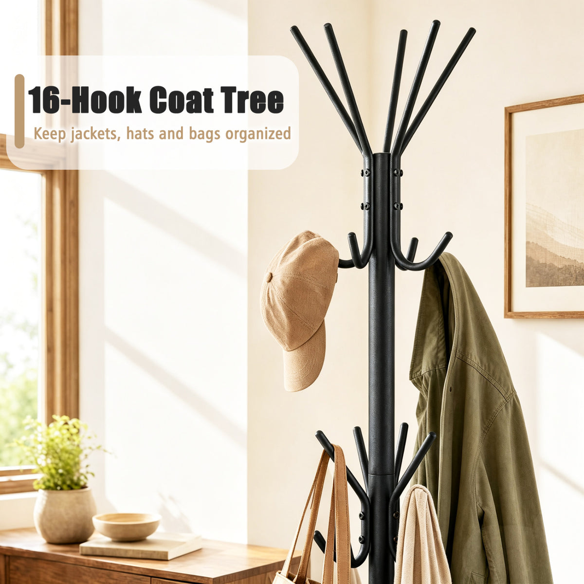 Metal Coat Rack Freestanding with 16 Hooks and 4 Legs for Entryway Office Bedroom, Black