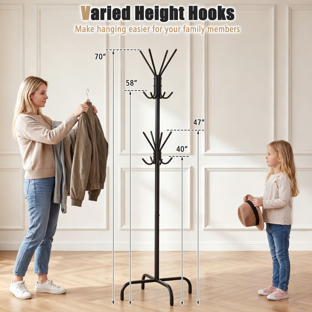 Metal Coat Rack Freestanding with 16 Hooks and 4 Legs for Entryway Office Bedroom, Black