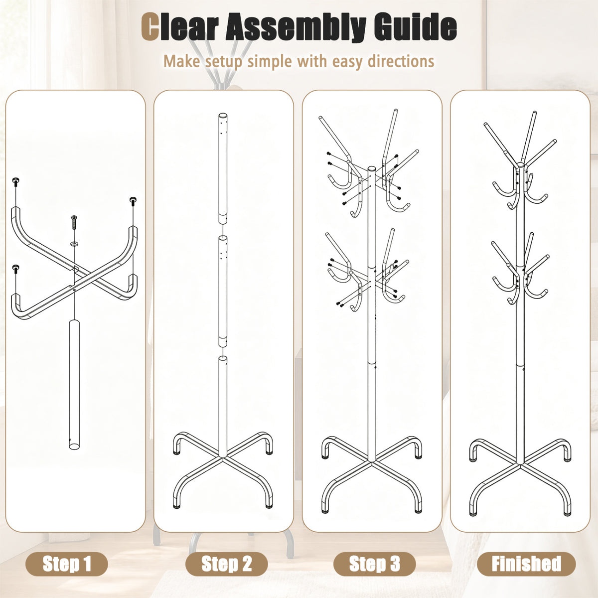 Metal Coat Rack Freestanding with 16 Hooks and 4 Legs for Entryway Office Bedroom, Black