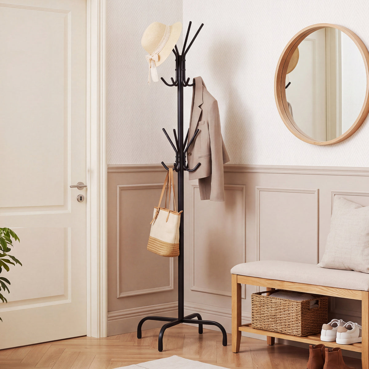 Metal Coat Rack Freestanding with 16 Hooks and 4 Legs for Entryway Office Bedroom, Black