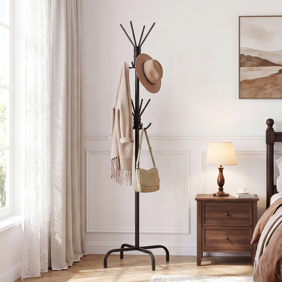 Metal Coat Rack Freestanding with 16 Hooks and 4 Legs for Entryway Office Bedroom, Black
