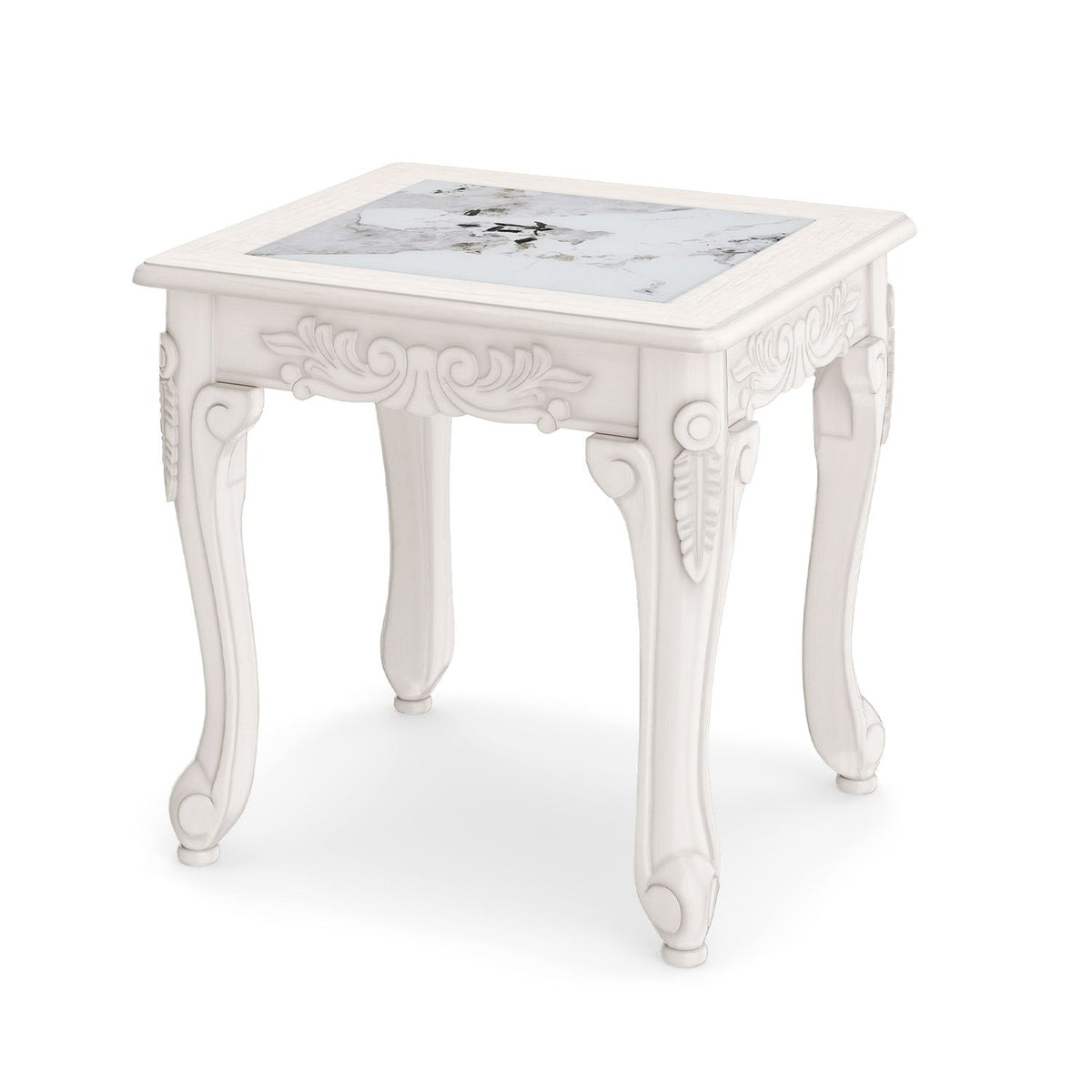 White carved coffee table with a faux-marble glass top on a plain background