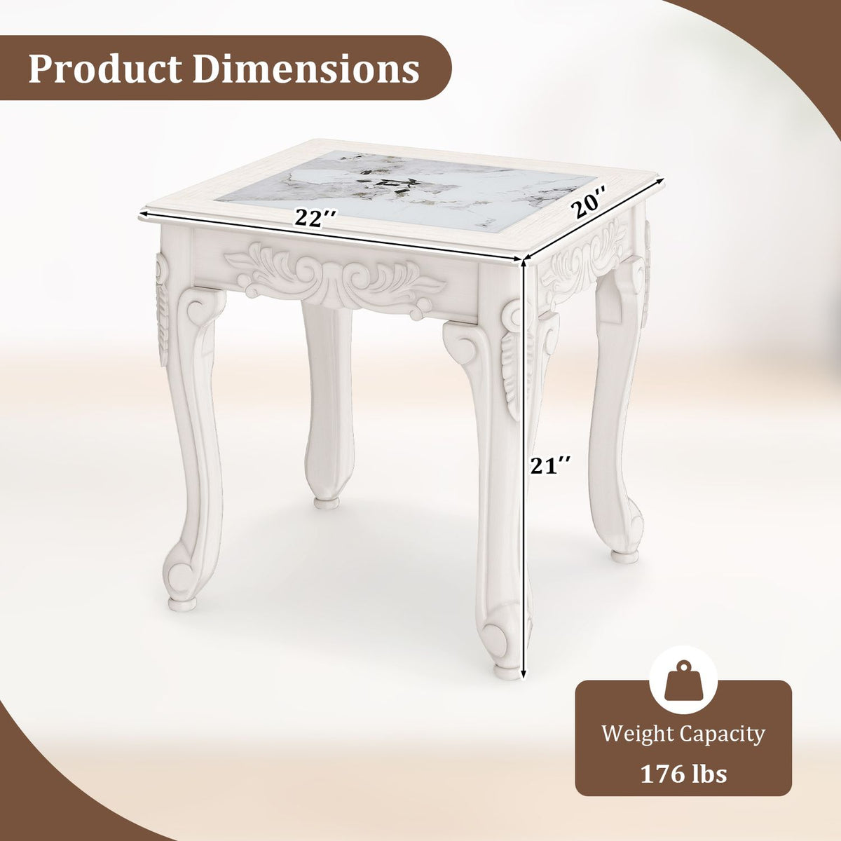 White carved coffee table with faux-marble top and dimension callouts