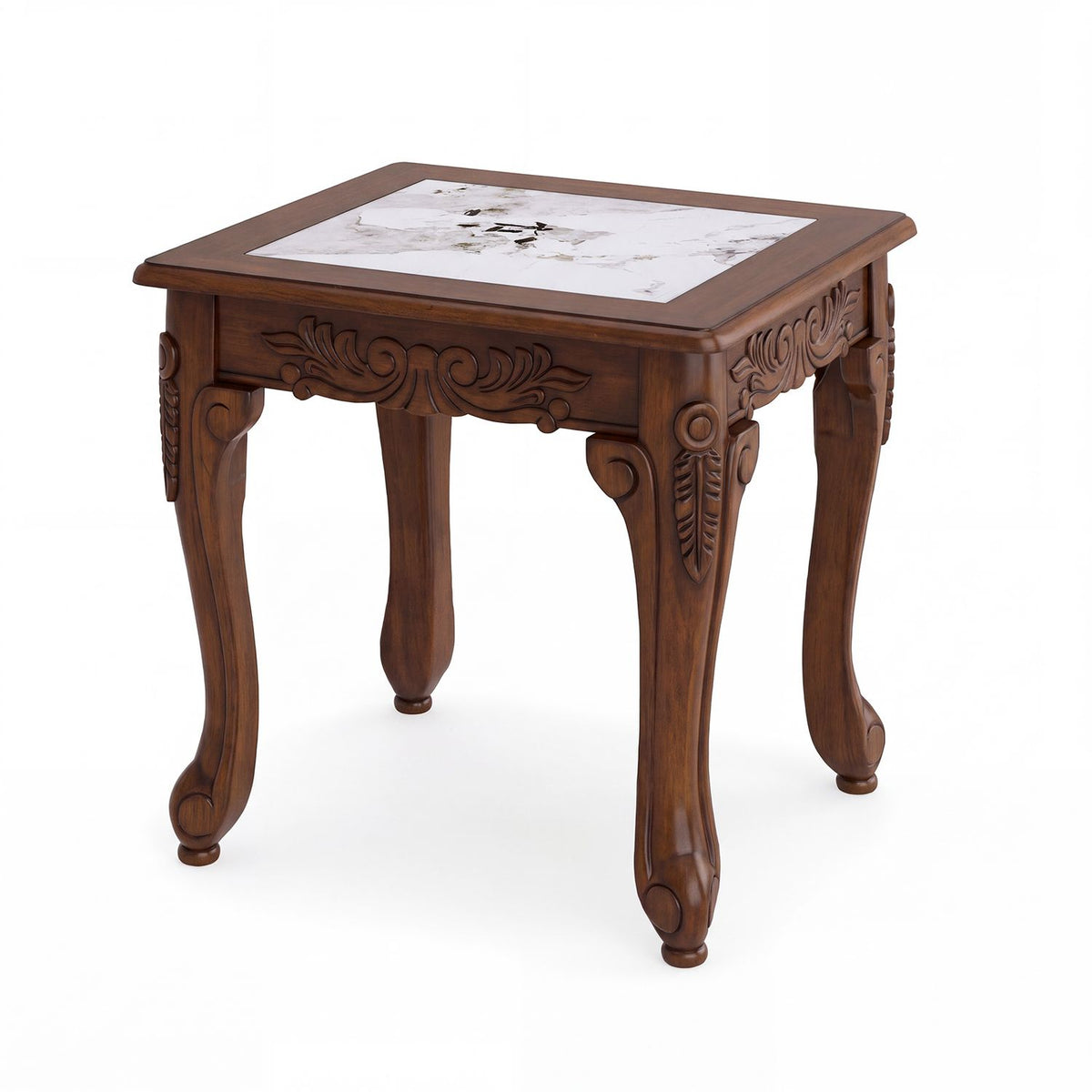 Walnut-toned carved coffee table with a faux-marble glass top, shown at an angle