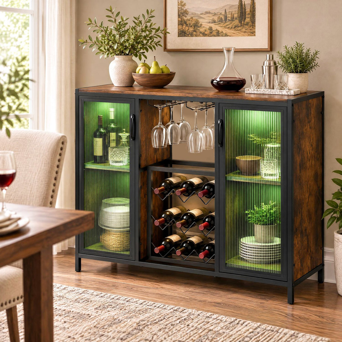 Black and rustic brown wine cabinet with green-lit fluted doors in a dining room