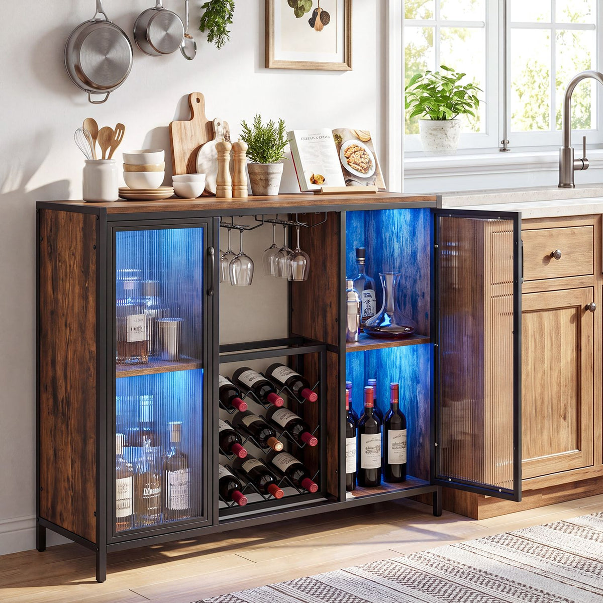 Open black and rustic brown wine cabinet glowing blue in a bright kitchen