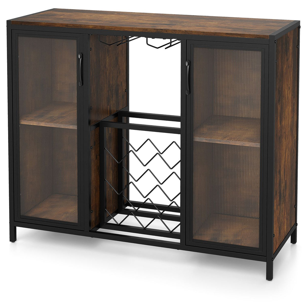 Black and rustic brown wine cabinet with fluted doors shown against a white background