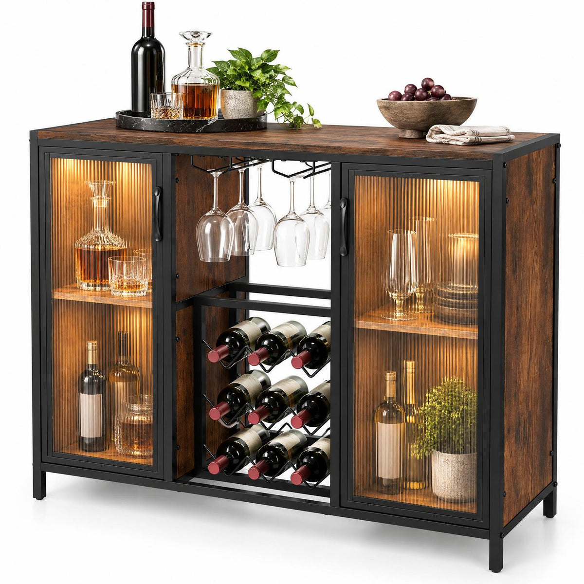 Wine cabinet with warm amber lighting, bottles, and glassware on display