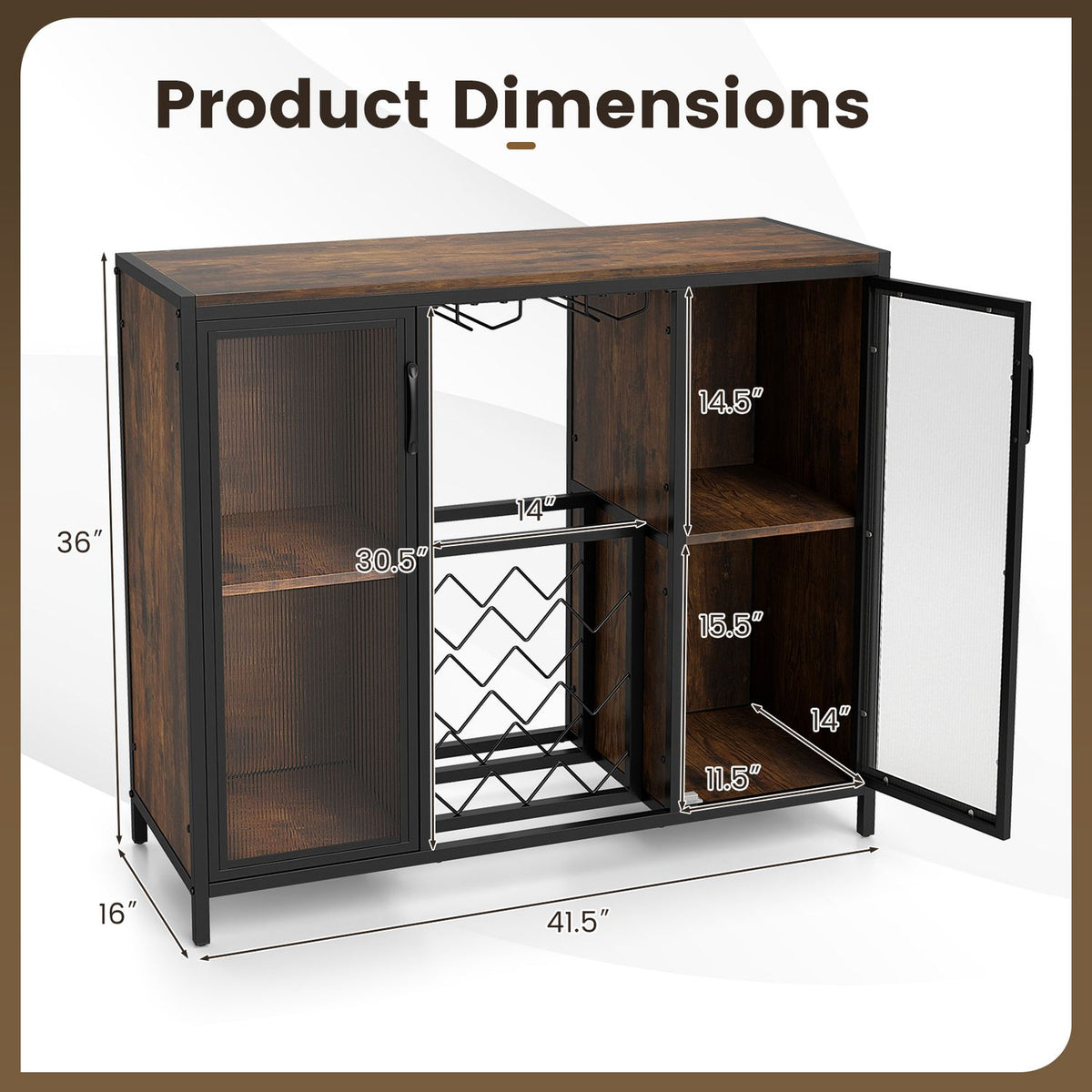 Open wine cabinet with measurement labels showing its compartments and dimensions