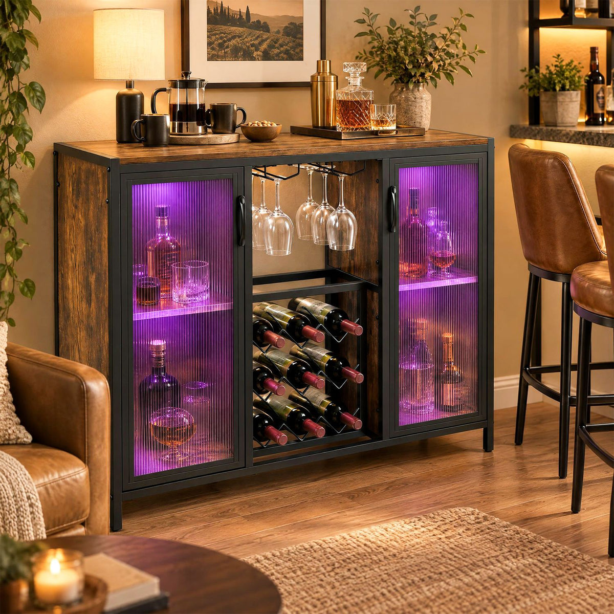 Black and rustic brown wine cabinet glowing purple in a warmly lit room