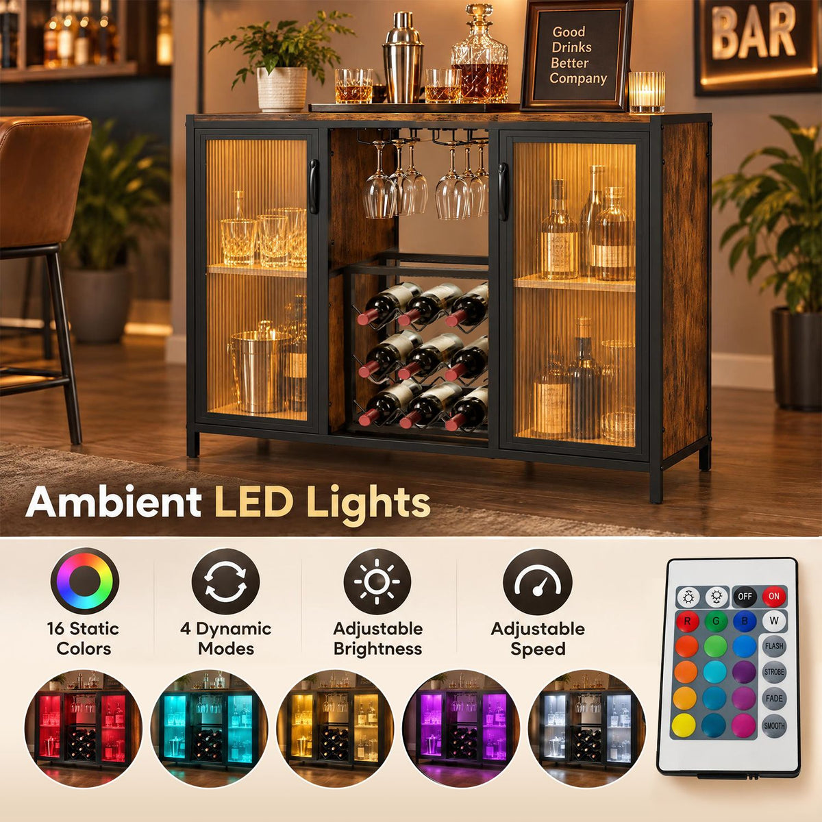 Wine cabinet glowing amber in a bar setting, with lighting color examples and a remote control pictured below.