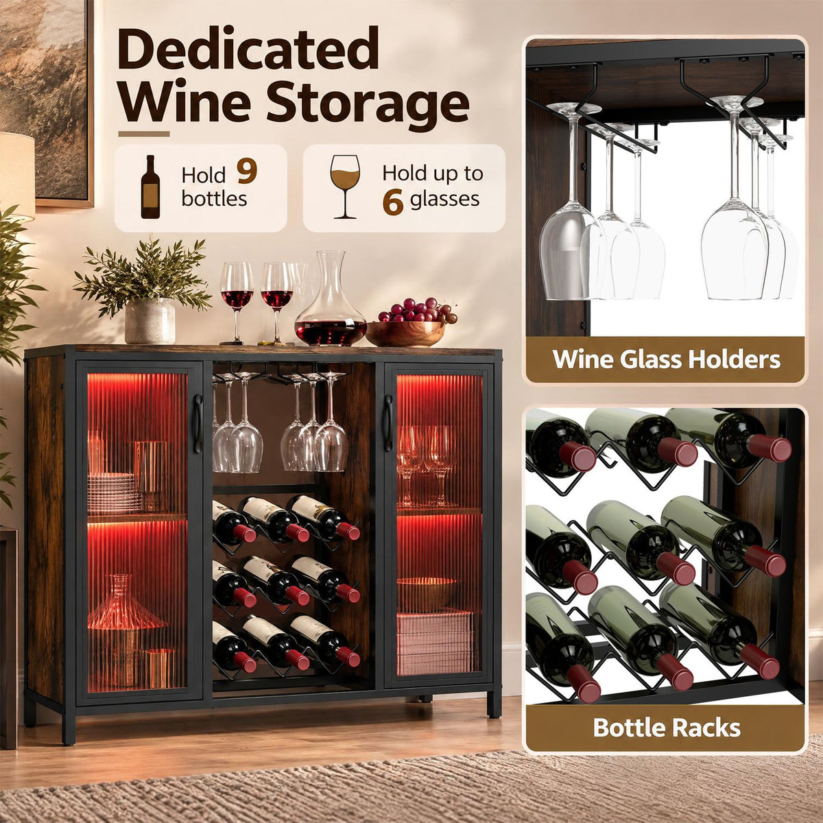 Black and rustic brown wine cabinet with glowing red-lit side compartments, bottle racks and hanging glasses.
