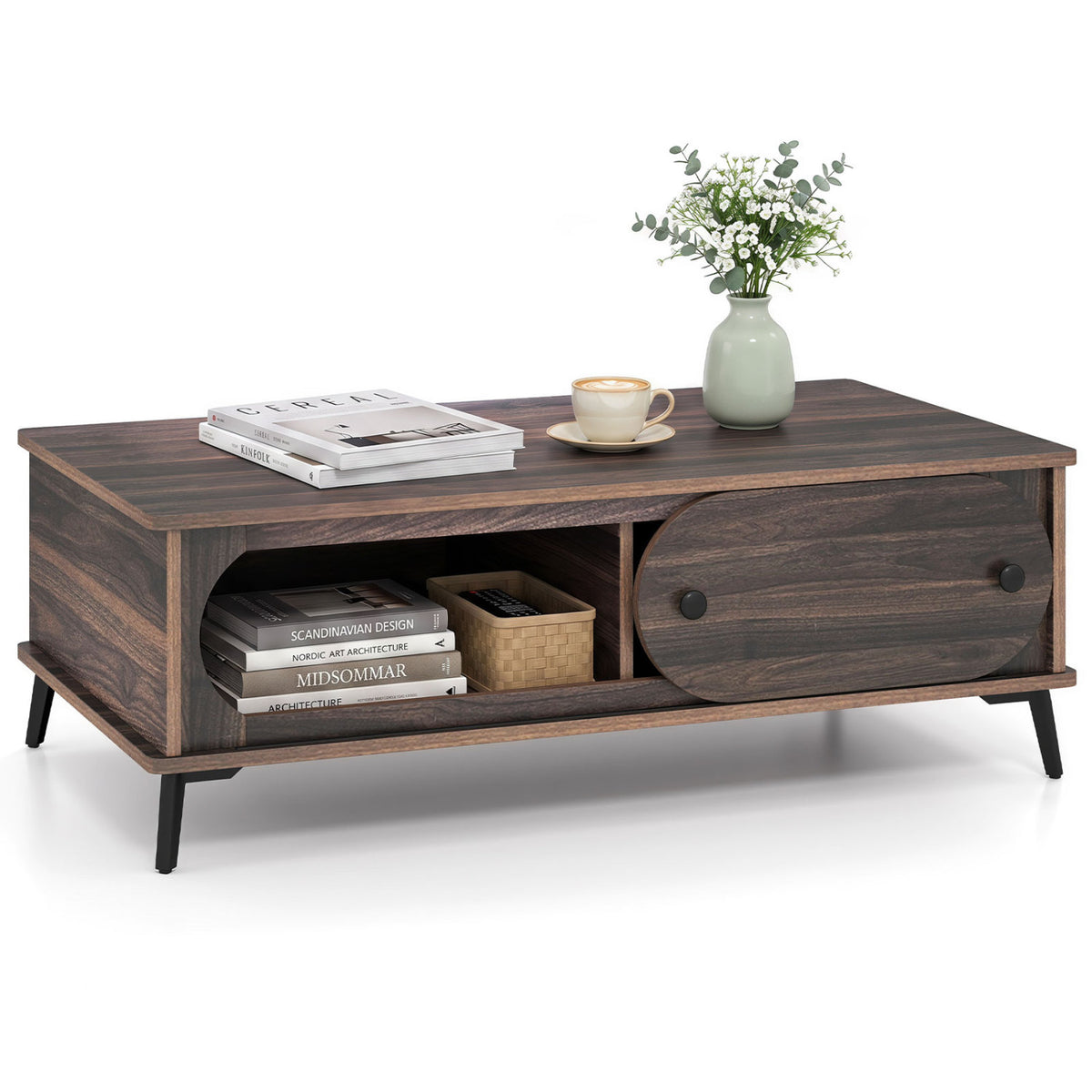Modern Wooden Center Table with 2 Compartments and Sturdy Metal Legs for Living Room, Walnut