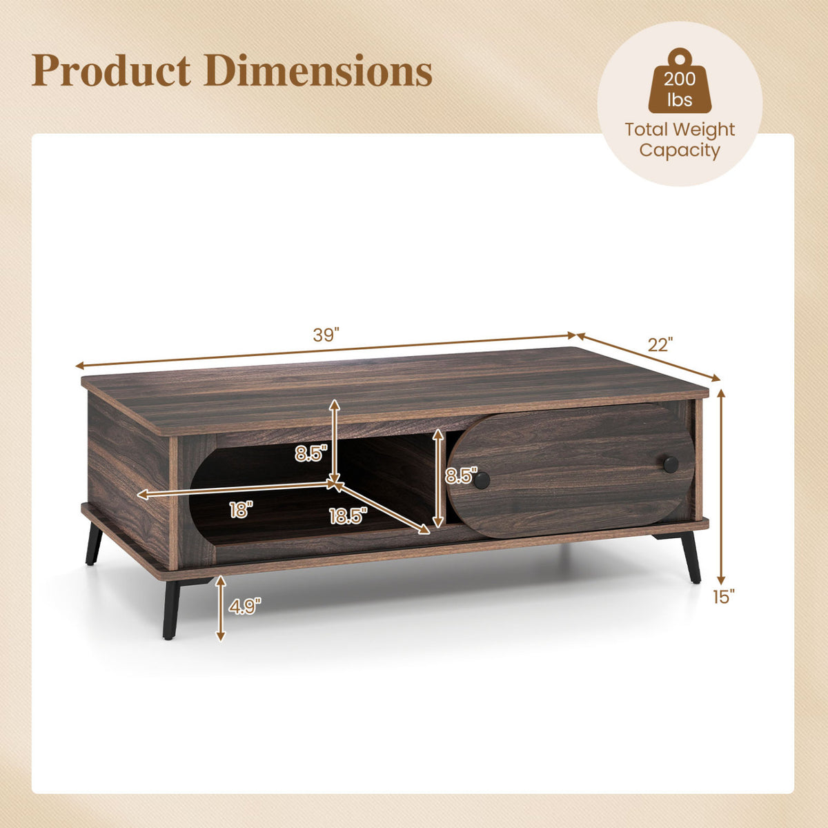 Modern Wooden Center Table with 2 Compartments and Sturdy Metal Legs for Living Room, Walnut