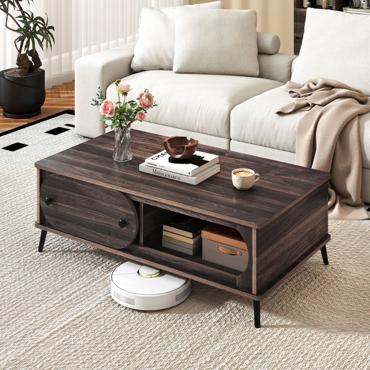 Modern Wooden Center Table with 2 Compartments and Sturdy Metal Legs for Living Room, Walnut