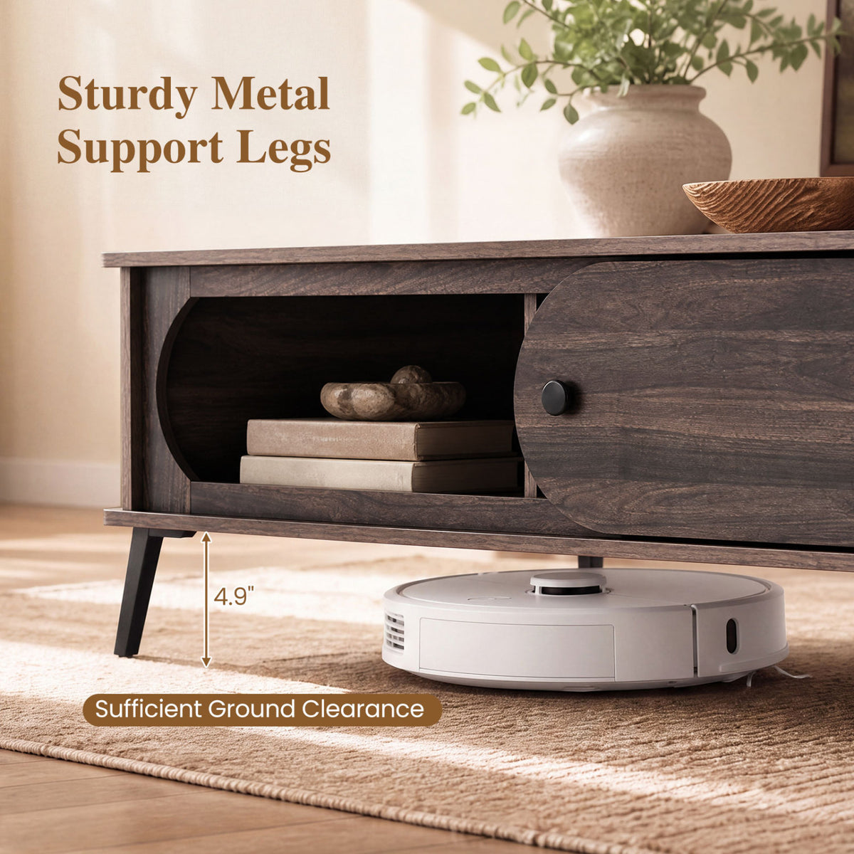 Modern Wooden Center Table with 2 Compartments and Sturdy Metal Legs for Living Room, Walnut