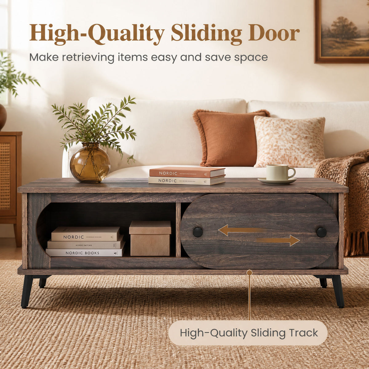 Modern Wooden Center Table with 2 Compartments and Sturdy Metal Legs for Living Room, Walnut