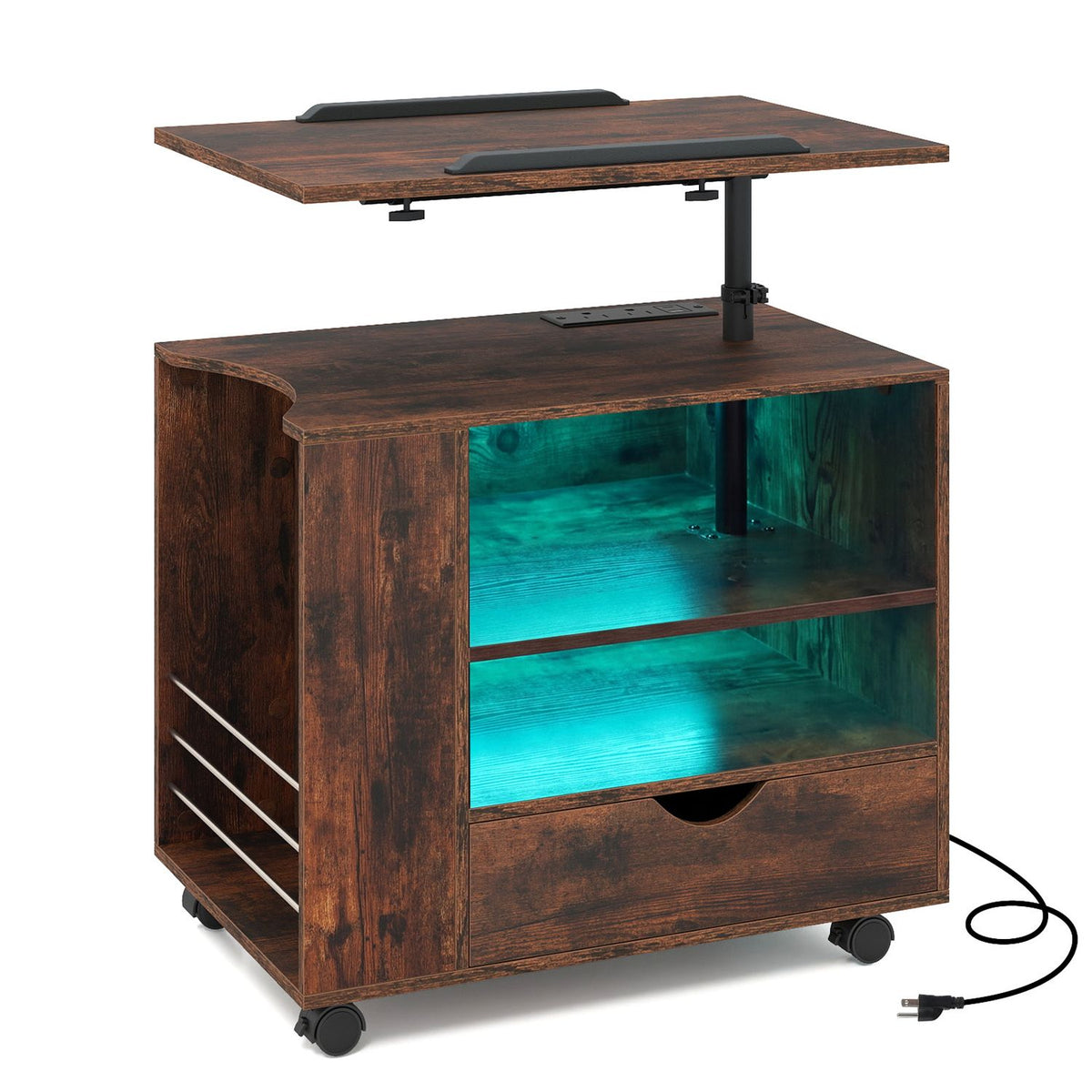 Dark brown rolling nightstand with raised tabletop, open shelves and teal LED lighting