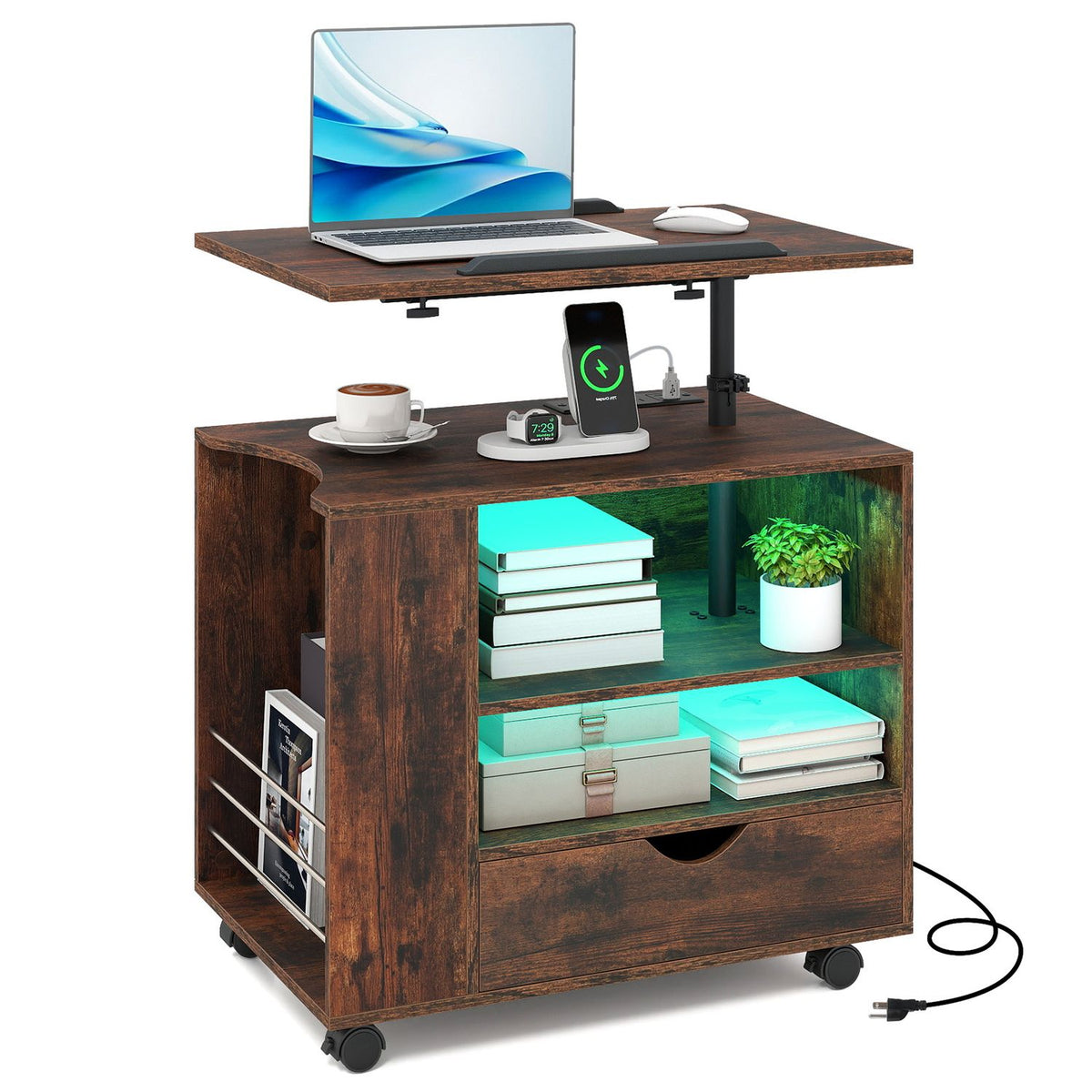 Dark brown rolling nightstand with laptop on raised tray and books in open storage