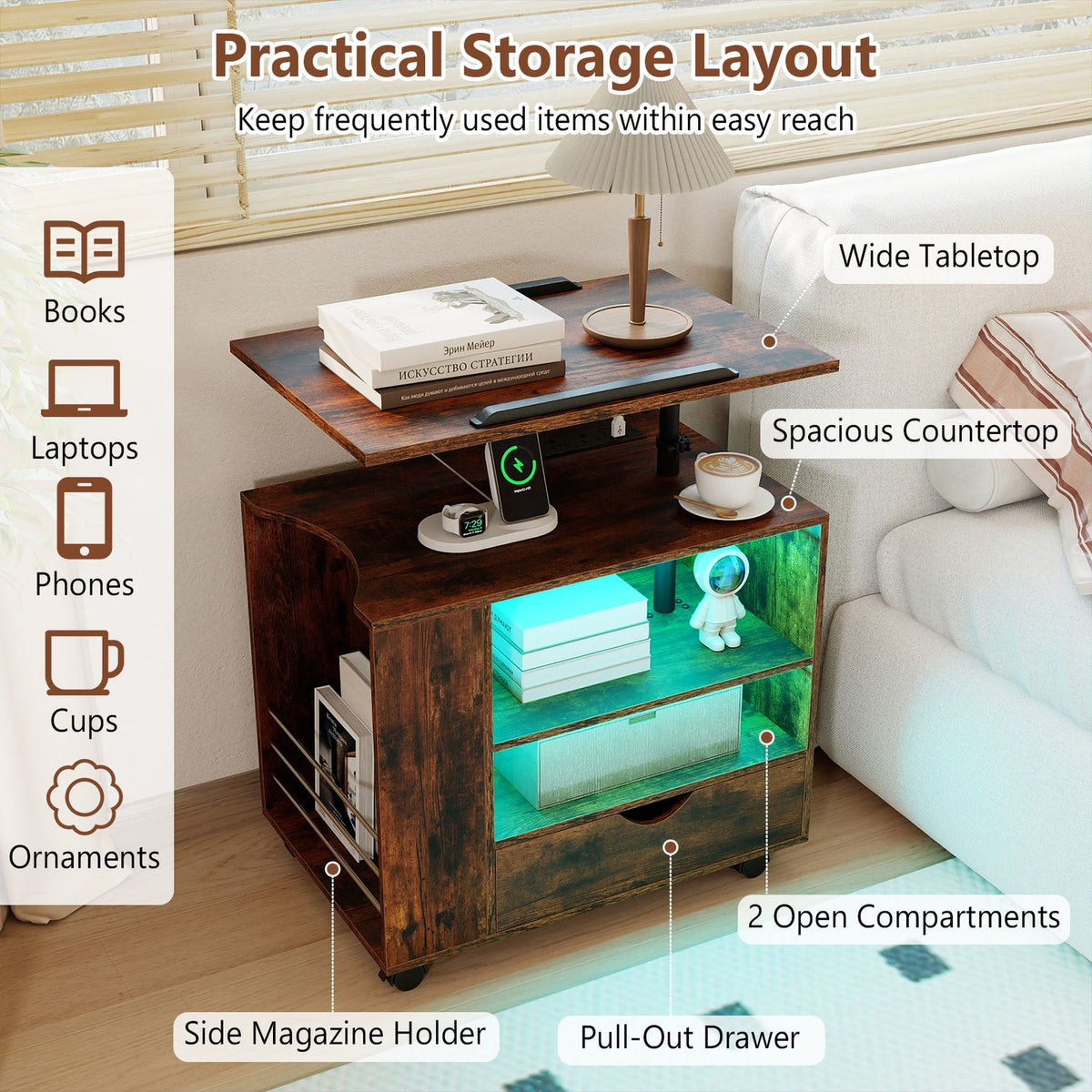 Dark brown rolling nightstand with storage and side magazine holder in a living room