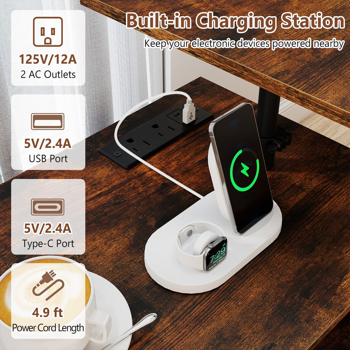 Close-up of the dark brown tabletop with built-in outlets, USB ports and Type-C port