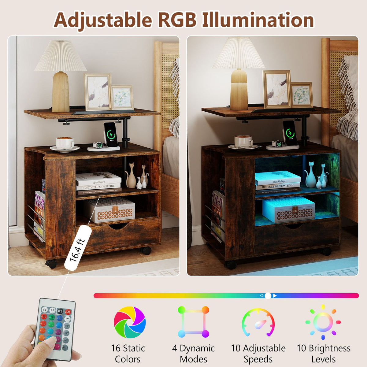 Two views of the bedside table show its shelves unlit and glowing blue-green, with a remote pictured below.
