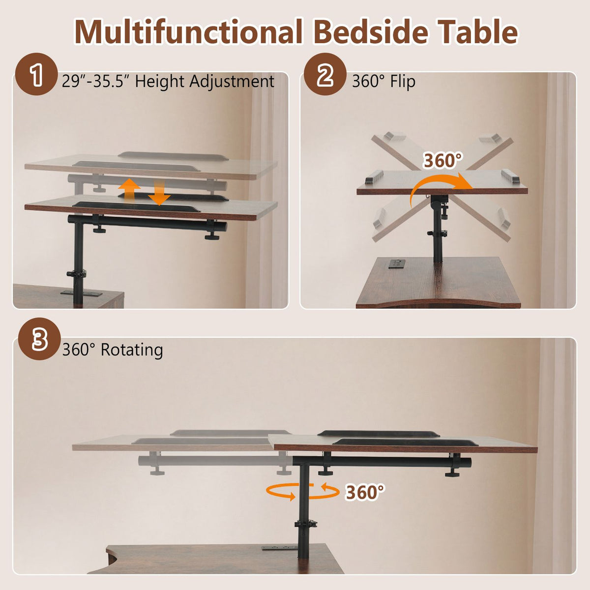 Three diagrams show the tabletop raised, tilted, and rotated above the bedside table base.