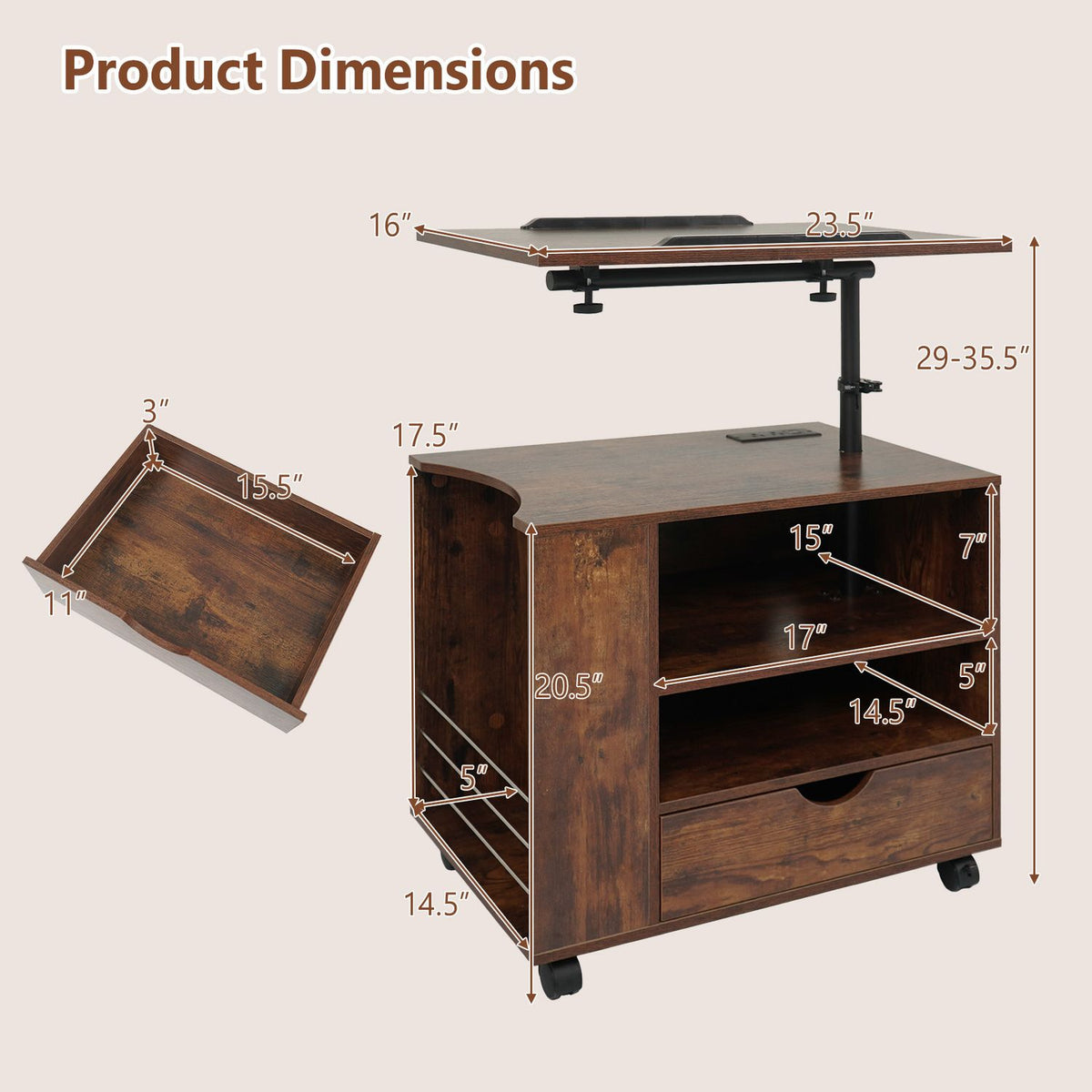 Dimension graphic showing dark brown nightstand, adjustable tray and drawer measurements