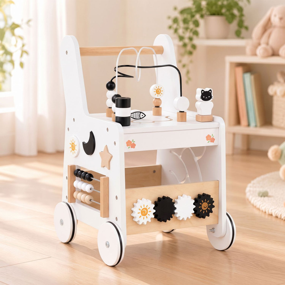 White wooden push walker with bead maze, spinning gears and activity panels in a bright nursery.