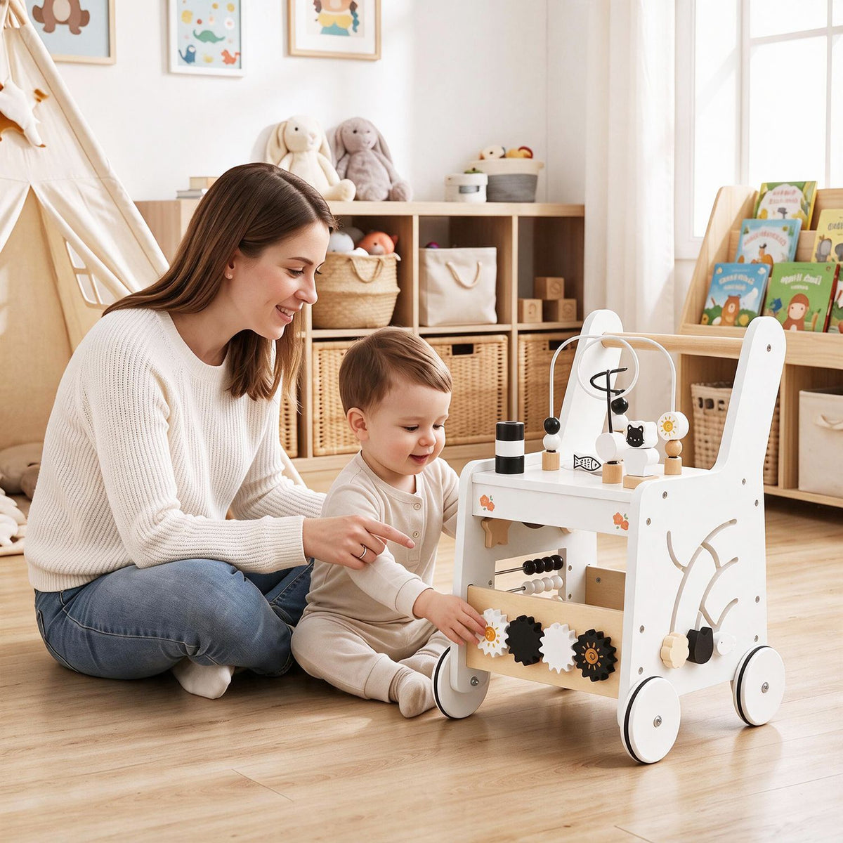 A woman and toddler explore the activity panels on a white wooden push walker in a playroom.