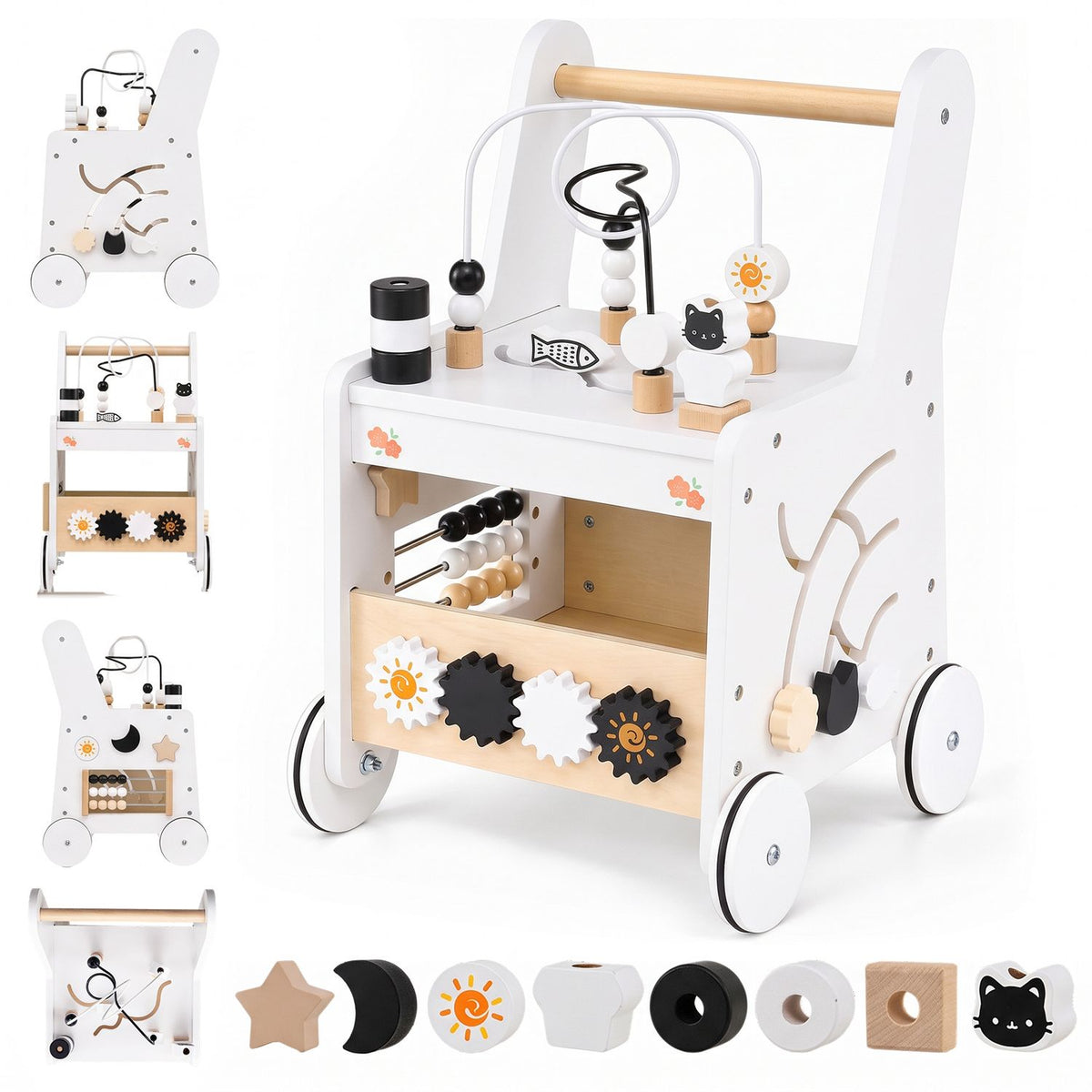 White wooden push walker shown from several angles, with a row of loose activity pieces below.