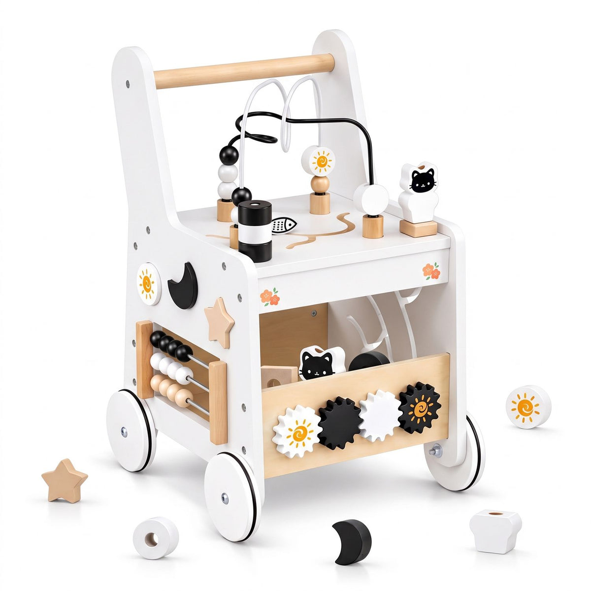 White wooden push walker surrounded by loose wooden shapes on a white background.