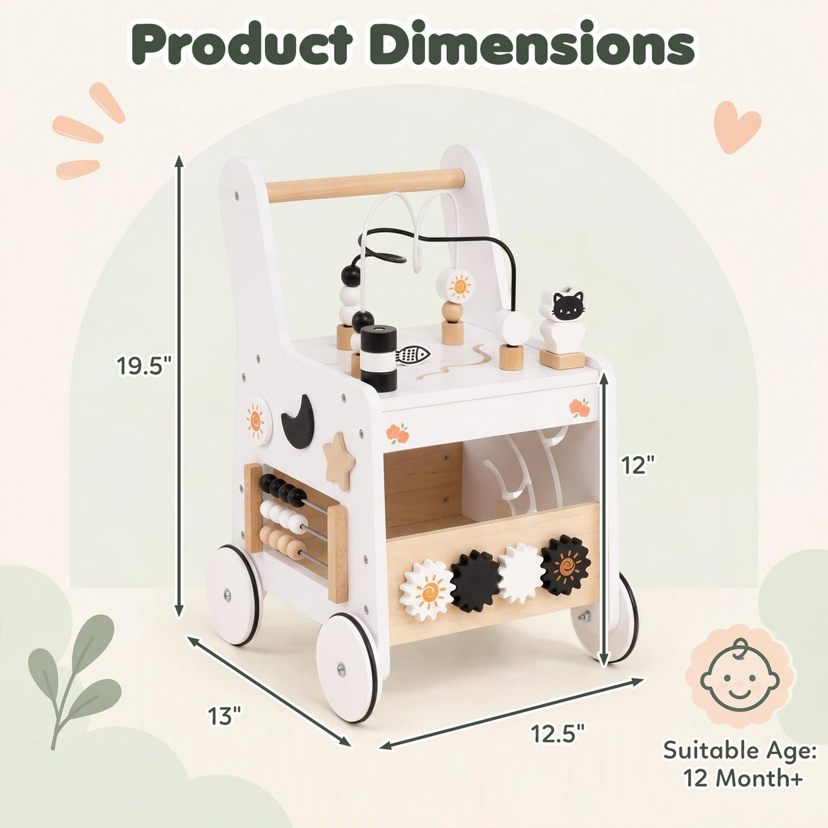 White wooden activity walker shown with measurement arrows and play features.