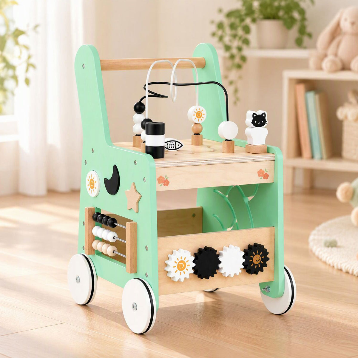 Mint-green wooden activity walker with bead maze, spinning gears and four white wheels in a bright nursery.