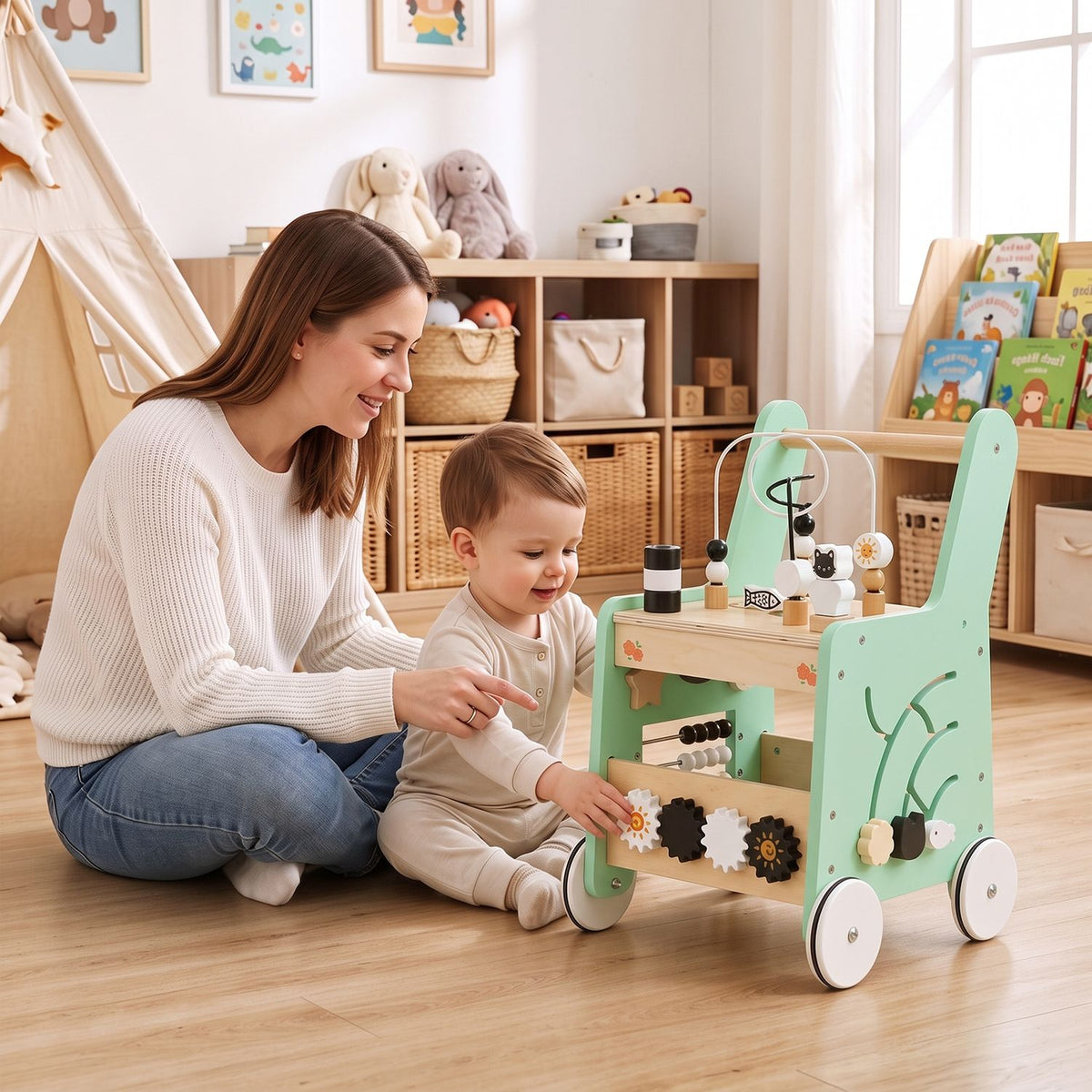 A woman and toddler play with a mint-green activity walker on the floor of a nursery.