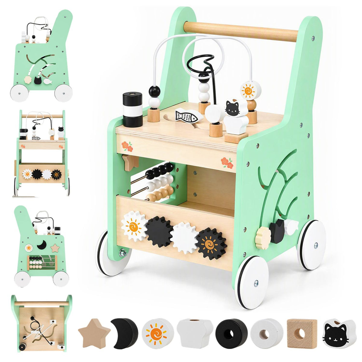 Mint-green walker shown from several angles, with a close view of its bead maze, gears and loose activity pieces.