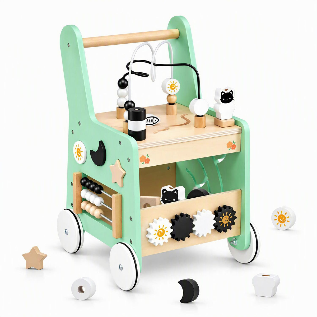 Mint-green activity walker with several loose wooden shapes and round pieces arranged around it.
