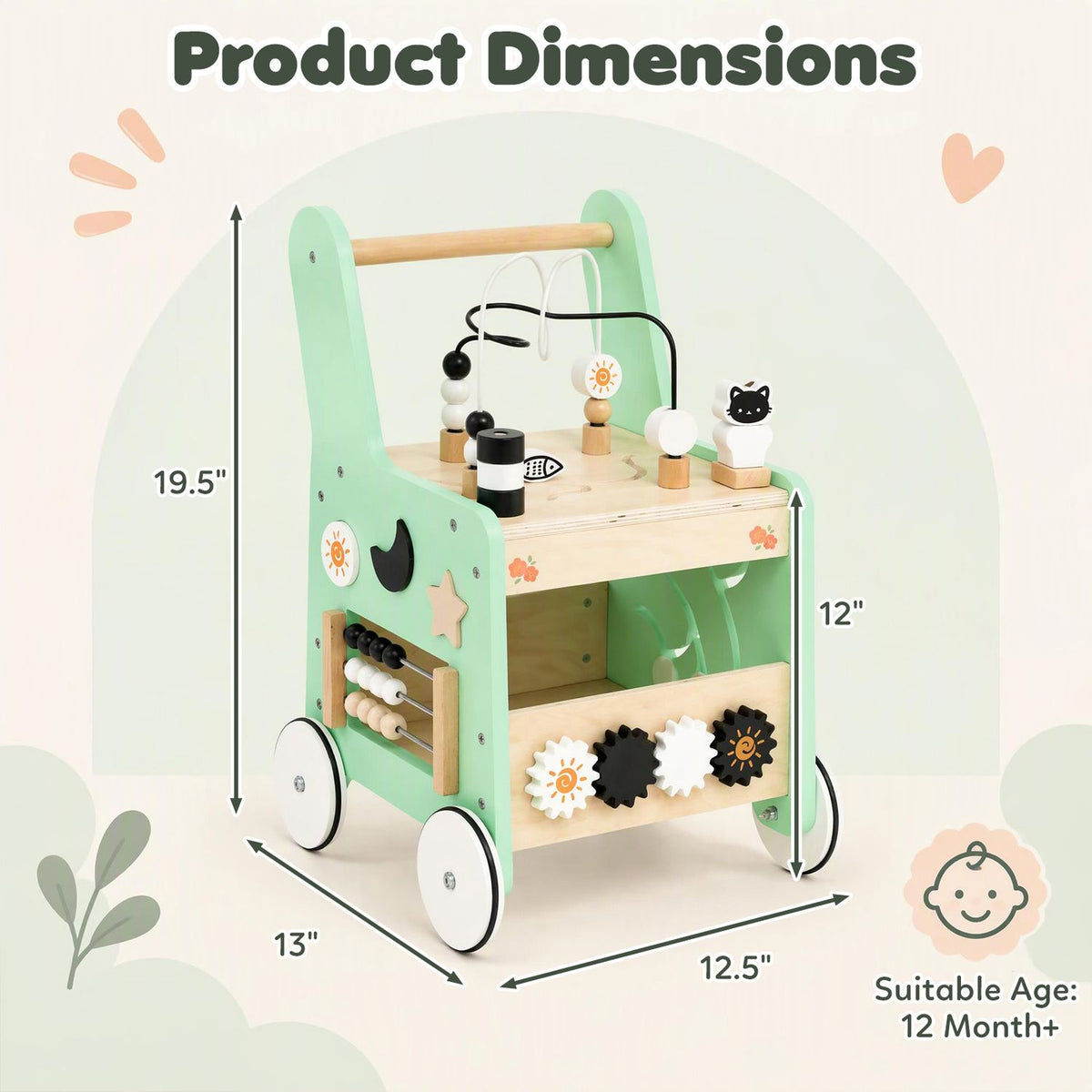 Mint-green wooden activity walker shown with measurement arrows and activity features.