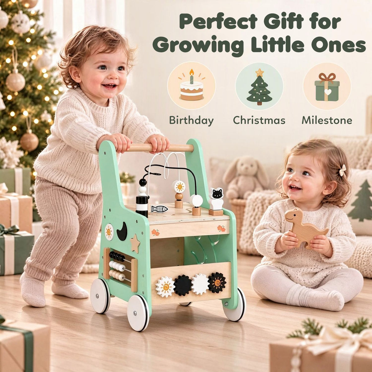 Two children pose with the mint-green activity walker beside birthday, holiday, and milestone icons.